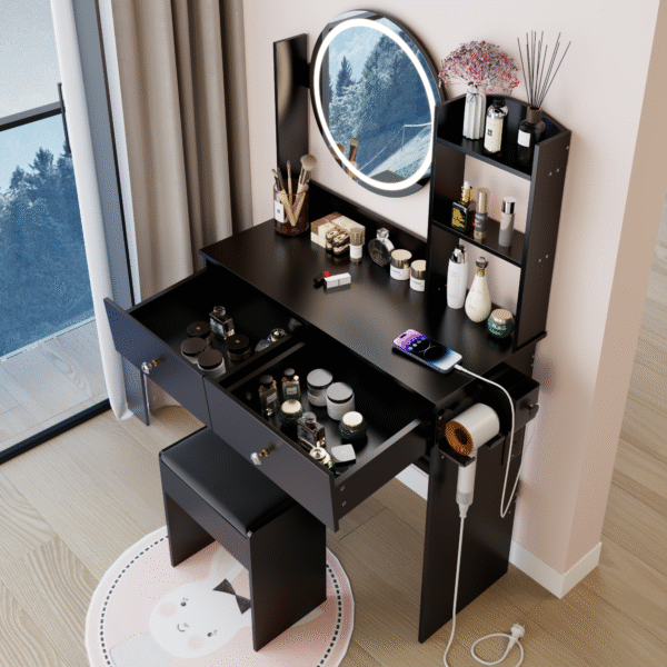 17" Round LED Mirror Vanity Table+Cushioned Stool, Equipped With 2 AC+2 USB Power Socket, Big Mirror, Touch Switch, 3 Colors, Adjustable Brightness, Large Desktop, Multi-layer High Capacity Storage