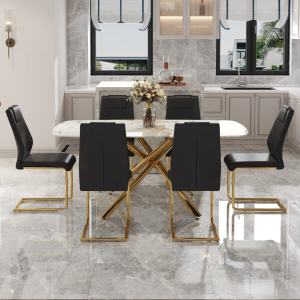 b0386d2bac8a4de6bcc60ec013681bc0_1cb95a07368fa9fd21cbaf87cd7038ad Table and chair set, large modern minimalist rectangular dining table, 0.39-inch imitation marble tabletop and golden metal legs, soft leather seats. F-1537