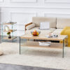 Three-tier side table and bunk coffee table set. The board is made of MDF with wood stickers and clear tempered glass on both sides. The design is simple and elegant, with powerful storage function