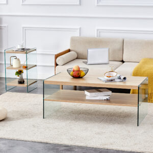 Three-tier side table and bunk coffee table set. The board is made of MDF with wood stickers and clear tempered glass on both sides. The design is simple and elegant, with powerful storage function