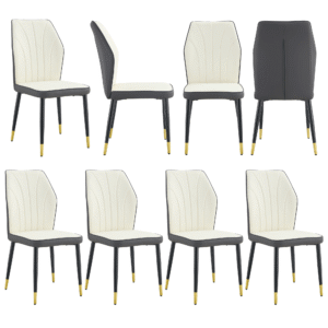 8 modern dining chairs with stylish PU patterned backrest and black metal legs for a comfortable home experience in the kitchen, bedroom and office.