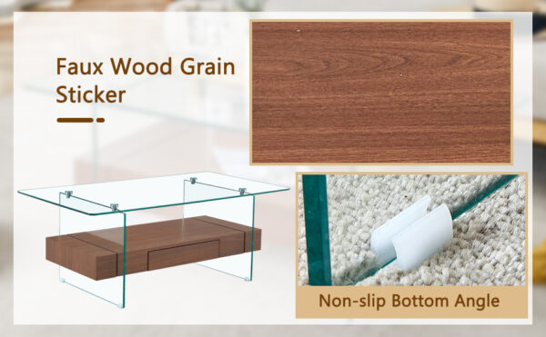 43.3 Inch Modern Two-Tier Coffee Table - Clear Tempered Glass and Dark Wood Grain, Multifunctional Storage Design.The bottom tier includes a drawer.Can be used as a coffee table,side table,etc.