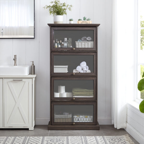4 Tier Glass Display Cabinet for Living Room Stylish Storage Curio Cabinet with Flip Up Glass Doors Perfect Collectors Showcase Toy Figure Organizers Rack Elegant Bookcase- BROWN