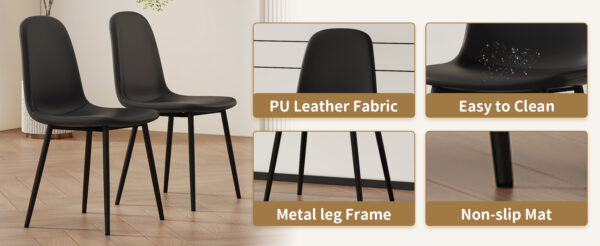 Table and chair set.79"x31.5" with X-shaped Black Metal Table Legs,Wood Grain Textured MDF Crossbeam.Paired With 8 Modern Mid-Century Style Upholstered Side Black PU Chairs.