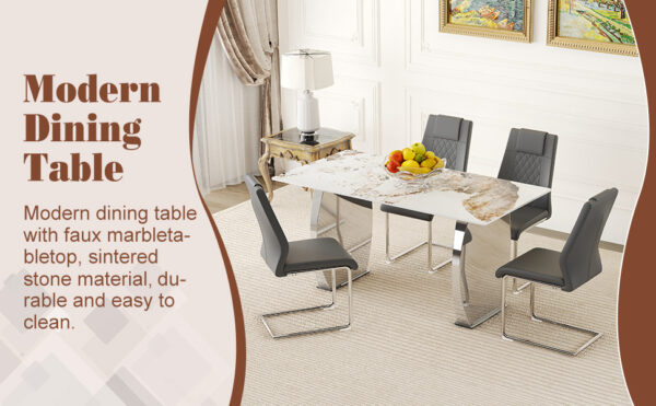 b09922fb884148f69914984e3c70a228_7f2a49eb79f12f654023549cd1c86938 Table and chair set.63*31.4 Inch Pandora Patterned Sintered Stone Dining Table Set - 4 Dark Gray Chairs With Silver Metal Legs.Modern Light Luxury.Perfect For Dinner Room,Meeting Room,Kitchen,etc.