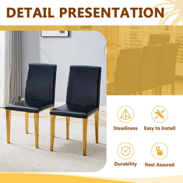 b0aa7da7efda40afa489ac8cb061f36d_9f2f85de083b36d9c0a8442cb12d0ff9 Table and chair set.71 * 35.4 inch rectangular dining table.Tempered Glass Tabletop,Golden 7-shaped Metal Table Legs.Paried With 6 Black PU dining chairs, Golden Metal Legs.Simple and versatile.
