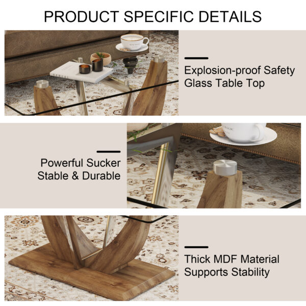 b0b22e3dd7674fd5b950262aaf34291c_20240321_65f89d6564e99fb3c7120980bc356cce Modern minimalist transparent tempered glass coffee table with wooden MDF legs and stainless steel decorative columns. Computer desk. Game table. CT-907