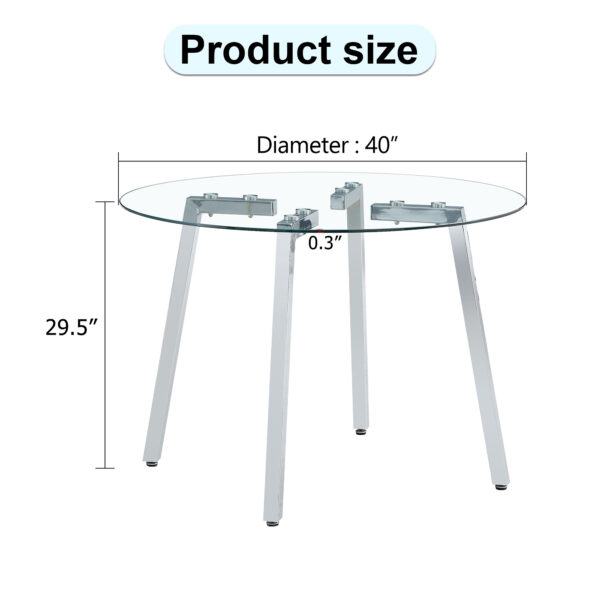 b0c685cd7d6340e79aa2d55720458f71_e8d700509a77fd9ef38f8a6685b9cb3a Modern minimalist style circular transparent tempered glass table, tempered glass tabletop, silver metal table legs, suitable for kitchen, dining room, and living room, 40 "* 40" * 29.5 "W1151S01226