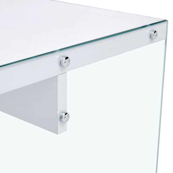 b0d6f25cd8834f4c9dd4aebc2e867146_b193f29cb0f16c6f5dfc10addff26630 The top of the coffee table is made of MDF and white stickers, and the sides are clear tempered glass. The design is simple and elegant, and the structure is strong.