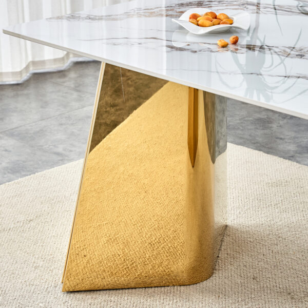 b0dc2a00eafb430cb2e53cffe01adb93_37da112beb699436eeaae70ae570465b 63"x31.5x30" Luxurious Cold Jade Slab Dining Table with Golden Stainless Steel Butterfly Legs.The tabletop is designed to be scratch and heat resistant.Slabs Tabletop,Golden Stainless Steels Legs.