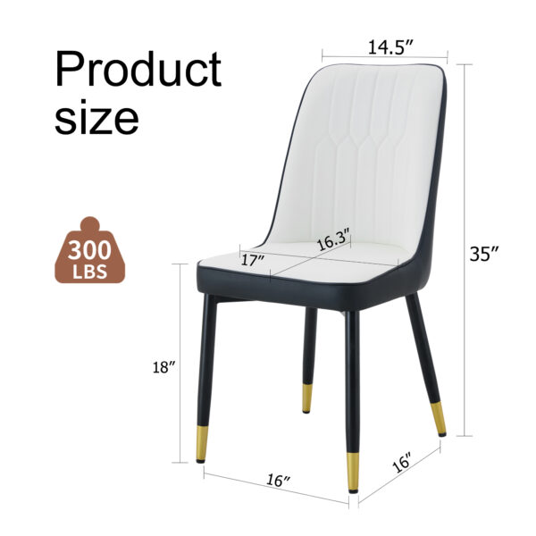 b0e88efcabee45be8e0784e160b8d329_f7f59c37550c26885b2c59ae76c42975 Modern Two-Tone PU Dining Chairs - White and Black spliced chairs With Gold Decorated Legs.White and Black spliced,Black Metal Legs,Set of 4 chairs.