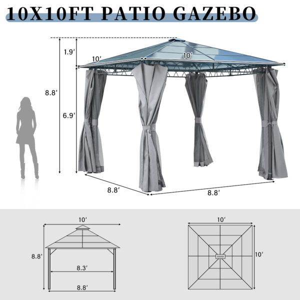 TREXM 10'x10' Hardtop Outdoor Gazebo with Polycarbonate Roof, Patio Gazebo with Aluminum Frame, Mosquito Netting and Privacy Screens for Shade and Rain, Backyard Tent for Backyard, Garden, Lawn (Grey)