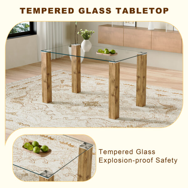 Table and chair set.A 49.6*30 Inch Transparent Tempered Glass Dining Table With Natural Wood Grain MDF Legs.Paired With 4 Black PU High Resilience Dining Chair with Walnut Color Metal Leg.