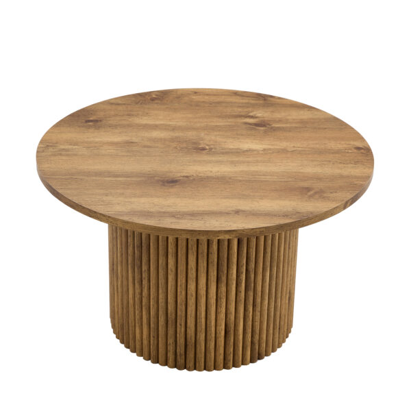 b145c4a84b0a4647a13a378ac32e6735_299eb3482e7d34257338eb774fd32ae7 A modern circular coffee table with a diameter of 27.5 inches interprets home aesthetics and practicality. MDF material,cylindrical table leg design.Becoming the visual focal point of home decoration.
