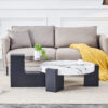Modern Simple Double-Layer Round Coffee Table - Transparent Gray Glass Top with Black MDF L-Shaped Legs.The detachable design can make the use of space more flexible.