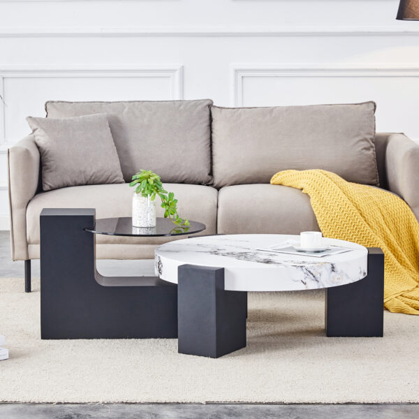 b15a14f648904469beaef5eaeda67f6c_6da2b4893602ab160119b5007b368524 Modern Simple Double-Layer Round Coffee Table - Transparent Gray Glass Top with Black MDF L-Shaped Legs.The detachable design can make the use of space more flexible.