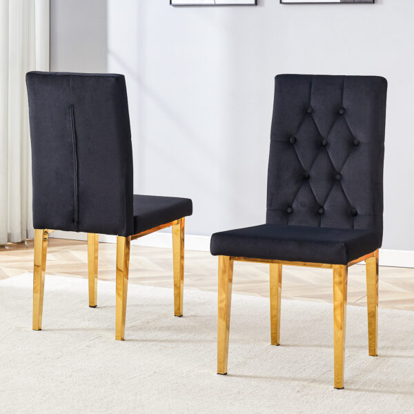 b174a39e77fd46978583a377b56d11f6_dd8d804f23cfd10bc5f82d5f8a154c83 2 piece dining chairs.The gold metal legs complement the black velvet, showcasing a perfect blend of modern and classic elements.Suitable for various occasions such as kitchens,conference rooms, etc.