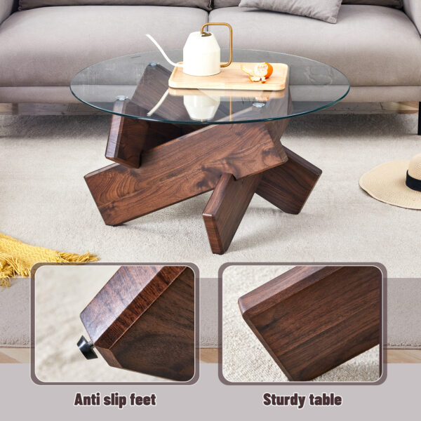 b1875ed7ebe94698af25642e090c4796_3c339a5b730da70bddaeb0e4b7057850 Round glass coffee table, 33.4" modern design unique coffee table. Tempered glass top with Walnut colored texture sticker MDF legs. Suitable for living and dining rooms