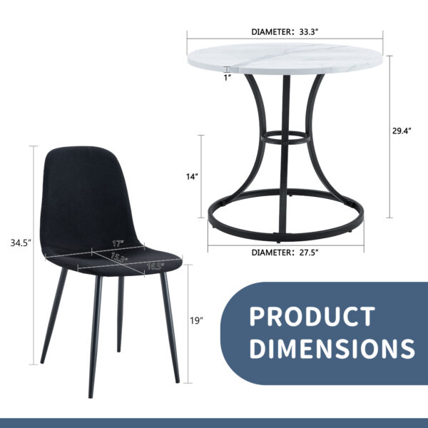 b18ac20d1fdf4a5a8a61bcdb37735050_0ea40307265c62e3d10fdceb9b07e80c Table and chair set.A Modern Minimalist Circular Dining Table With A Diameter Of 33.3 Inches.Paired With 4 Black Linen-Cotton Material High Resilience Dining Chair with Metal Black Leg.