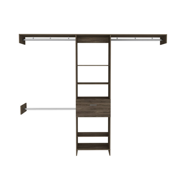 b195f555f2ae4870b51cbdadb9ed2c2b_00cbde4685343a5f2bf52507ab7475b0 Cross Closet System, One Drawer, Three Metal Rod, Five Open Shelves