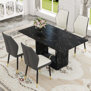 Table and chair set.Black Marble Pattern MDF Dining Set - 63"x35.4" with 4 White and dark gray spliced PU Chairs With a Widened Backrest Design.Giving you a luxurious feel.
