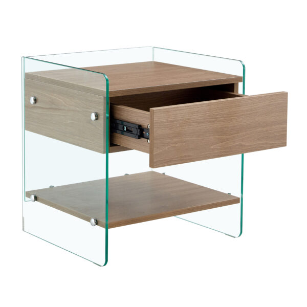 b1d656956fc64f6390713a0b62b25bf3_5f144533213985a116a1d1302cfc9043 Bedside table with drawers. The board surface is MDF sticker, and both sides are transparent tempered glass. The design is simple and elegant, with excellent storage functions.