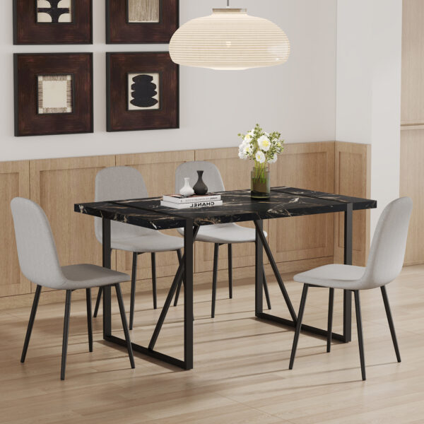 b20ec340f69045beb0e1cfca110902d1_812acbe3c12cbcf52408822950cc34ea Table and chair set.Modern Black Marble Pattern MDF Dining Set - 55"x31.4" with 4 Light Gray Linen Fabric Chairs.Iron Pipe Spraying Chair Legs.Suitable for kitchen,Dining room,etc.