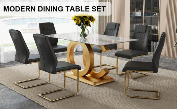 b210a97f9e7a4eb4a1b975c6c2974faf_9a9e32abab50279c812a120705178d05 Table and chair set.Subtle Luxury Tempered Glass Dining Set - 63"x35.4" with 6 Black PU Chairs with golden C-tube metal leg.Arched Metal Gold Leg.White imitation marble texture sticker Tabletop.