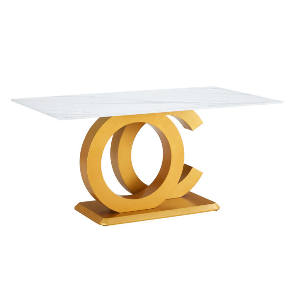 A large modern minimalist rectangular dining table suitable for 6-8 people, equipped with gold MDF OC shaped brackets and aureate base, suitable for kitchen, living room, dining room F-OC