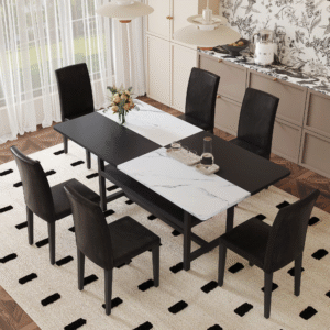 Table and chair set.71*35.4 inch White And Black Spliced Dining Table With Storage Function In The Middle Of The Table Legs.Paired With 6 Black PU Dining Chairs, Simple And Versatile.