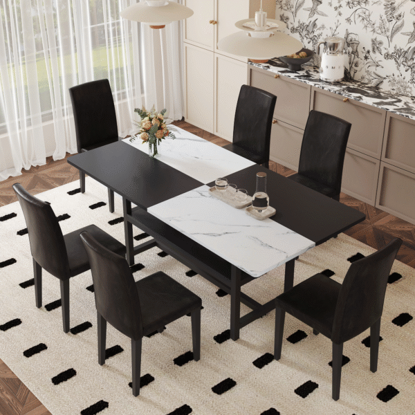b22396a5c62b4a3596ba3ddb4efb2864_d483d61711cbd0fc4221f6dae9137991 Table and chair set.71*35.4 inch White And Black Spliced Dining Table With Storage Function In The Middle Of The Table Legs.Paired With 6 Black PU Dining Chairs, Simple And Versatile.