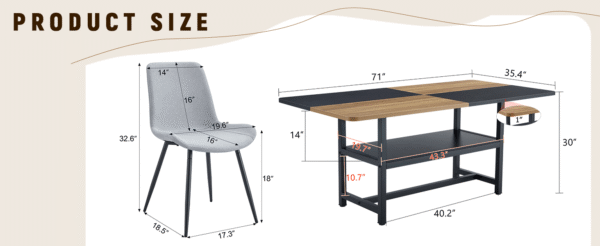 Table and chair set.71*35.4 inch Wooden And Black Spliced Dining Table With Storage Function In The Middle Of The Table Legs.Paired With 8 Light Gray Linen Dining Chairs With Curved Widened Cushion.