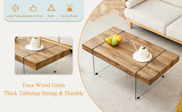 b27027f3fe8d40a2b5624d2a3b32efa6_3793a4072e206d2291d52b81b73e3801 43.3"x23.6" Wood colored texture sticker MDF Coffee Table with Tempered glass legs.Suitable for Living Room.It can be used not only as a coffee table but also as a side table or display stand.