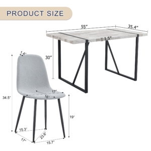 Table and chair set.A minimalist retro rectangular dining table with a specially textured top and black metal legs.Paired With 6 Light Gray Linen Fabric Chairs.Iron Pipe Spraying Chair Legs.