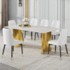 Table and chair set.The table has a glass top with imitation marble pattern stickers and stainless steel golden legs. Paried with chairs with PU artificial leather backrest cushions and black legs.
