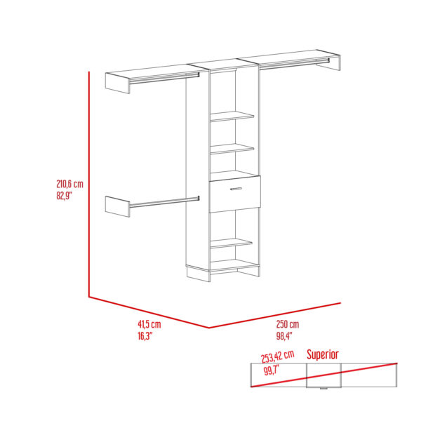 ISO Closet Manchester 250 Cross Closet System, One Drawer, Three Metal Rod, Five Open Shelves