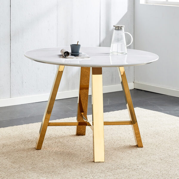 Modern minimalist white patterned circular dining table and coffee table. MDF desktop, diameter 42 inches, stainless steel metal legs, suitable for home and office use