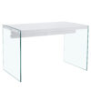 Table and chair set.White MDF Coffee Table - Reinforced with Tempered Glass Legs.Paired with 4 Dark Gray high-quality PU chairs with silver metal legs.