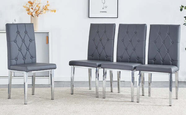 b2dca269c84e475ab703712abf0fc495_714e5c5995dfed8bb21b9e3efdcbd889 4 piece set of gray armless dining chairs brings a touch of elegance and mystery to the dining area with its deep gray tone,The grid and buckle design of the back add a vintage yet fashionable touch