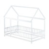 Twin Size House Floor Wooden Bed with Roof Frame,Safety Guardrails,White