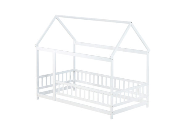 Twin Size House Floor Wooden Bed with Roof Frame,Safety Guardrails,White