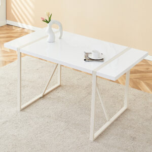 Industrial rectangular MDF Cream style dining table for 4-6 people with 1.5 inch thick MDF top and white metal legs frame for work desk, kitchen, terrace, dining room