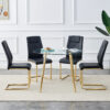 Table and chair set. Round dining table, glass tabletop with a diameter of 40 inches, and gold-plated metal legs, paired with 4 black PU cushions and a dining chair with gold-plated metal feet. DT1164