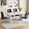 Table and chair set.63"*35.4" White Imitation Marble Pattern MDF Dining Table Set - 4 Soft and Comfortable Black PU Chair With Arched Metal Silver Leg.Create Your Exclusive Low-Key Luxury Space.