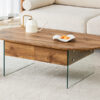 Coffee table with double drawers. The board surface is MDF sticker, and both sides are transparent tempered glass. The design is simple and elegant, with excellent storage functions.