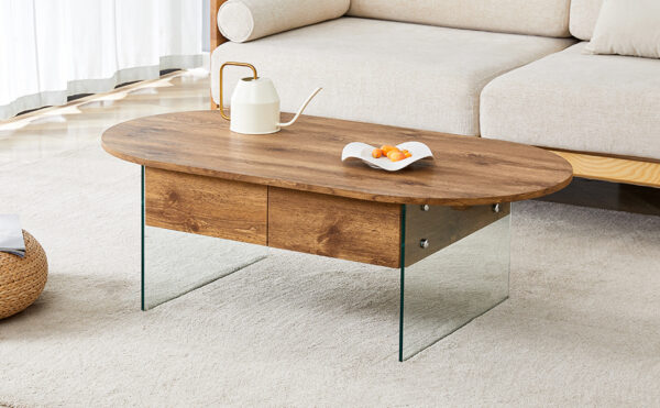 b33b2d36df3d456182ca8a9c0639835a_6884548d87f3d7bc81f391610a4d468a Coffee table with double drawers. The board surface is MDF sticker, and both sides are transparent tempered glass. The design is simple and elegant, with excellent storage functions.