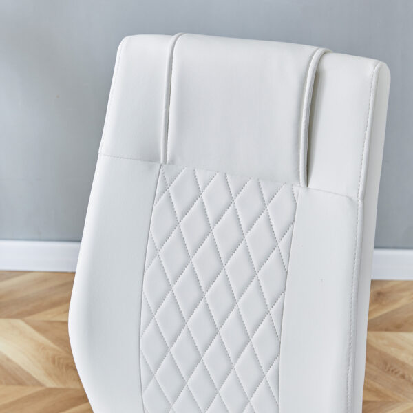 b35087ba99ec47af99dccd843b29ee80_321ba610bb97cab927ce2e478c44726a Table and chair set.64.5 x 35.4 Inch Stylish White Marble Textured Dining Table,Perfectly Blending Simplicity And Transparency.Paried With 6 White High-quality PU Chairs With Arched Silver Metal Legs.