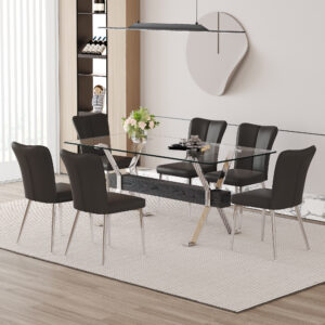 Table and chair set.Elegant Transparent Tempered Glass Dining Set - 71"x35.4" with 6 Black PU Chairs with a vertical stripe design on the backrest.