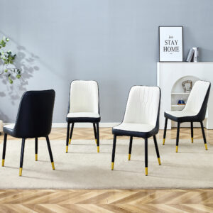 Modern Two-Tone PU Dining Chairs - White and Black spliced chairs With Gold Decorated Legs.White and Black spliced,Black Metal Legs,Set of 4 chairs.