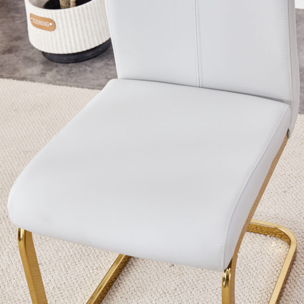 b35a2e42715f4df587d3d2d2949a42eb_c7a4bda410aa063144ab531f655bb503 Table and chair set.Large modern rectangular table with 0.4 inch patterned glass tabletop and large MDF table legs.Comes with 8 chairs with faux leather cushioned seats and golden metal legs.